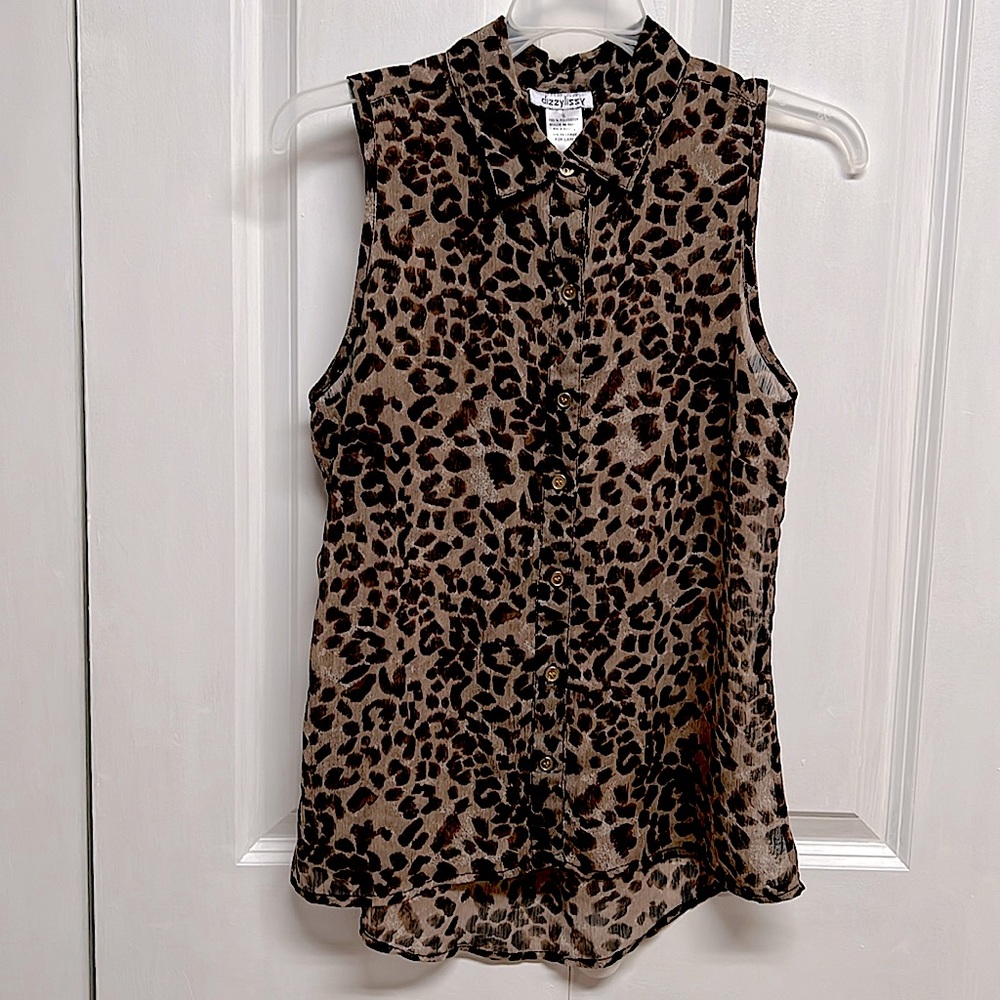Dizzy Lizzy Leopard Print Sleeveless Collar Sheer top size S